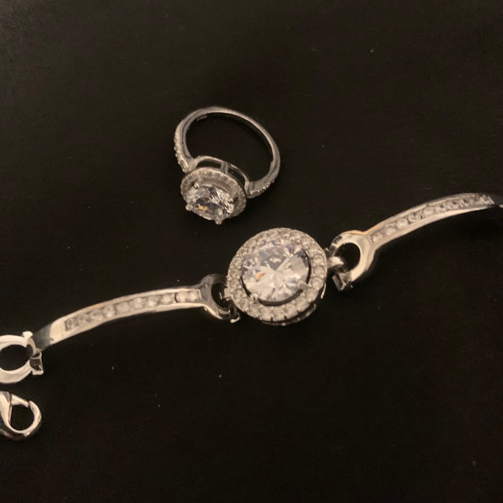 .925 silver w zirconium stone clasp bracelet+ring